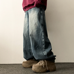 【丈別】]ビンテージウォッシングワイドデニムパンツ(5color) BLUE