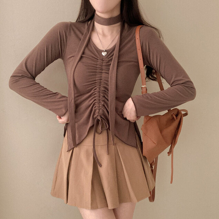 【タイ付き】シャーリングサイドスリットTシャツ BROWN