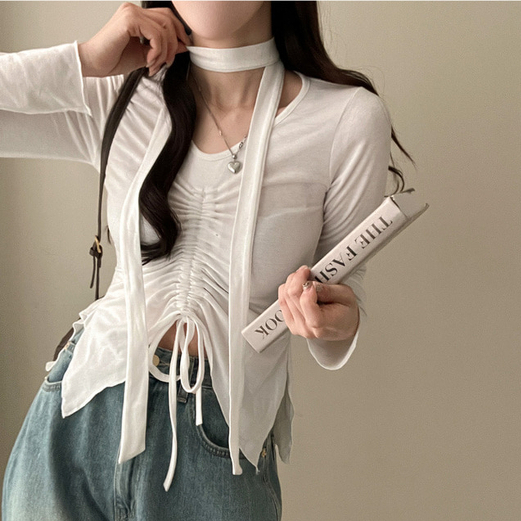 【タイ付き】シャーリングサイドスリットTシャツ WHITE