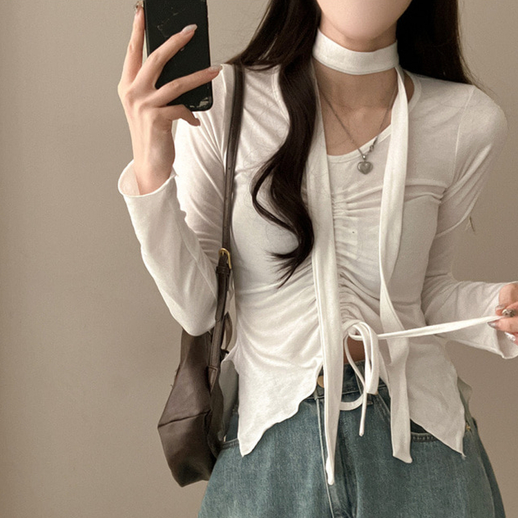 【タイ付き】シャーリングサイドスリットTシャツ WHITE