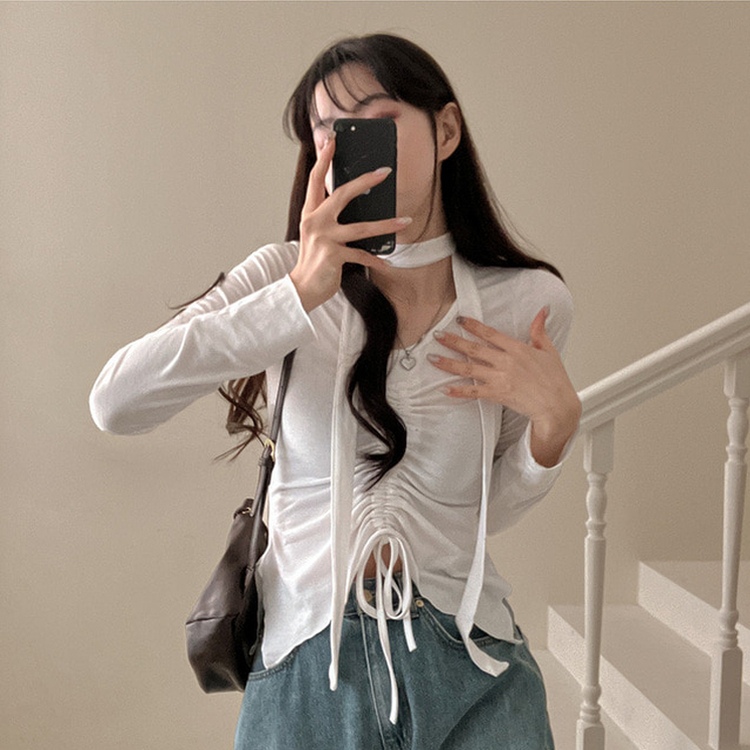 【タイ付き】シャーリングサイドスリットTシャツ WHITE