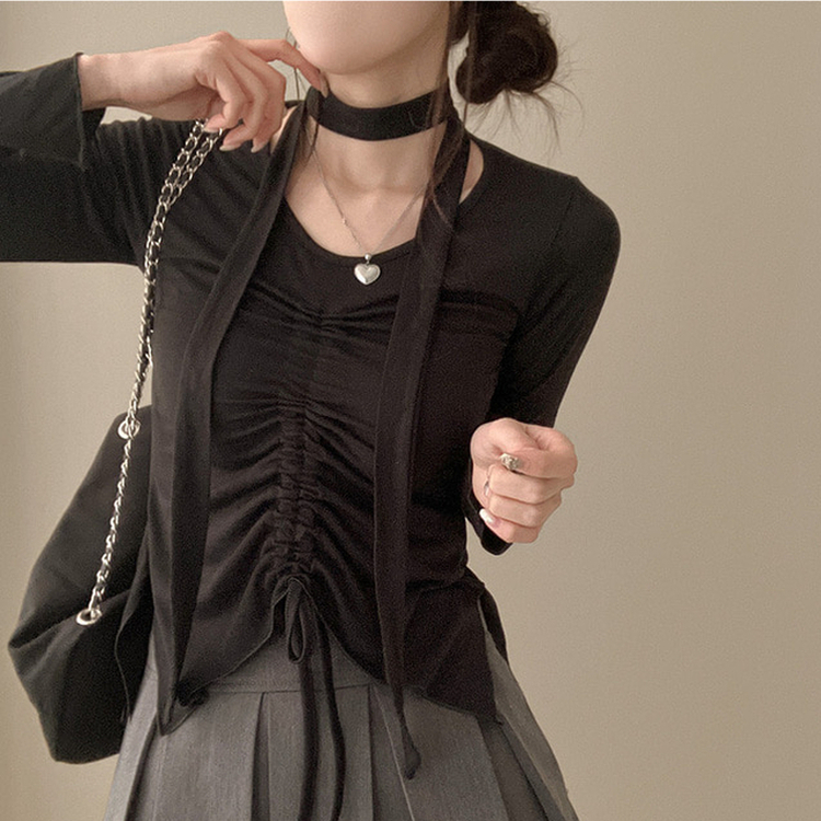 【タイ付き】シャーリングサイドスリットTシャツ BLACK