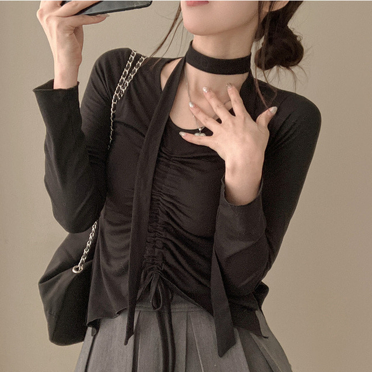 【タイ付き】シャーリングサイドスリットTシャツ BLACK