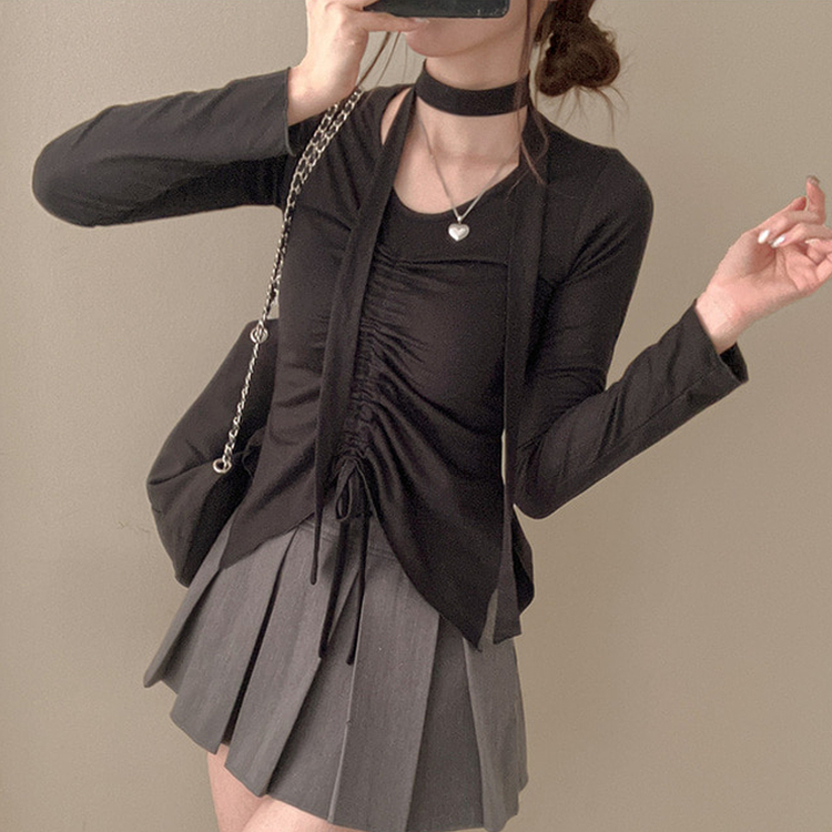 【タイ付き】シャーリングサイドスリットTシャツ BLACK
