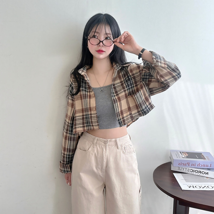 【SET】チェッククロップ長袖シャツ BEIGE