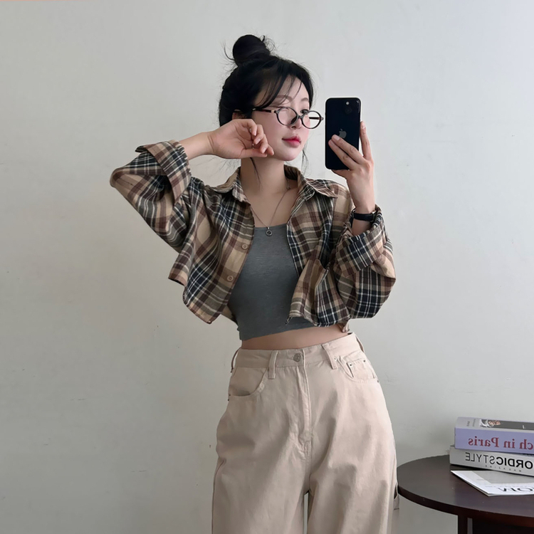 【SET】チェッククロップ長袖シャツ BEIGE