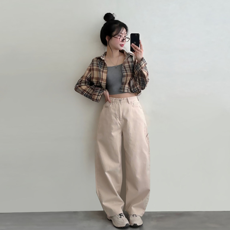 【SET】チェッククロップ長袖シャツ BEIGE