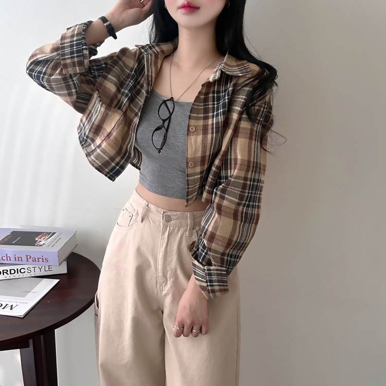 【SET】チェッククロップ長袖シャツ BEIGE