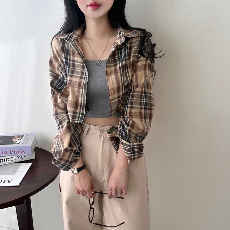 【SET】チェッククロップ長袖シャツ BEIGE