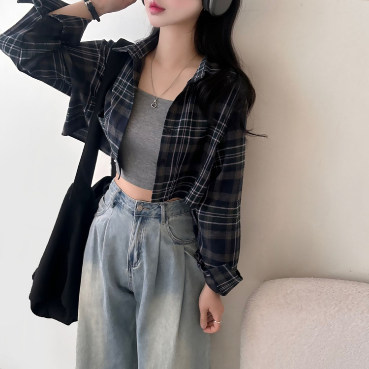 【SET】チェッククロップ長袖シャツ NAVY