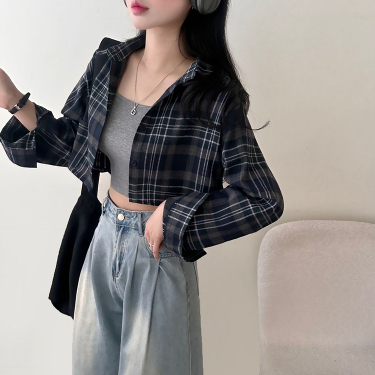 【SET】チェッククロップ長袖シャツ NAVY