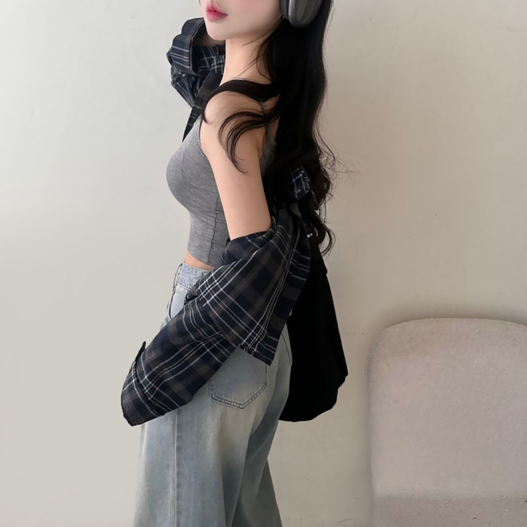 【SET】チェッククロップ長袖シャツ NAVY