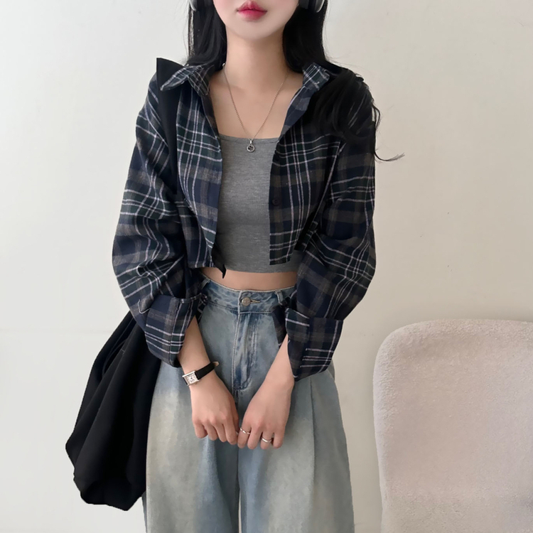 【SET】チェッククロップ長袖シャツ NAVY