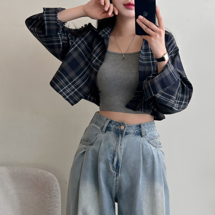 【SET】チェッククロップ長袖シャツ NAVY