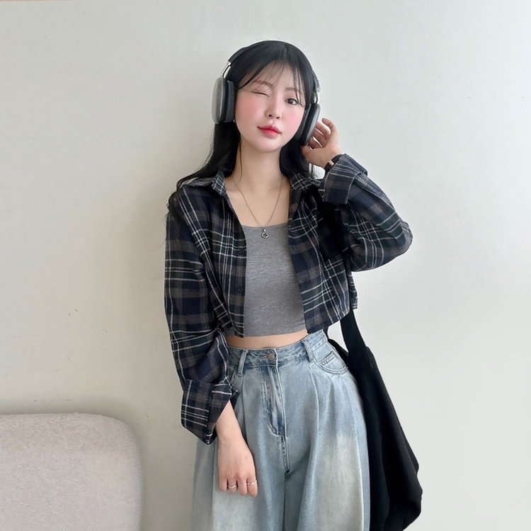 【SET】チェッククロップ長袖シャツ NAVY