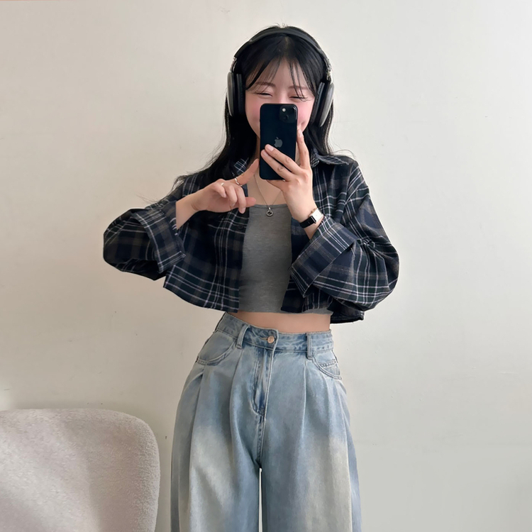 【SET】チェッククロップ長袖シャツ NAVY