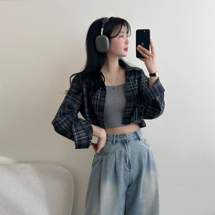 【SET】チェッククロップ長袖シャツ NAVY