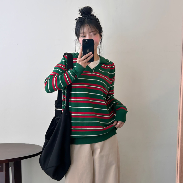 ストライプルーズフィットニット GREEN