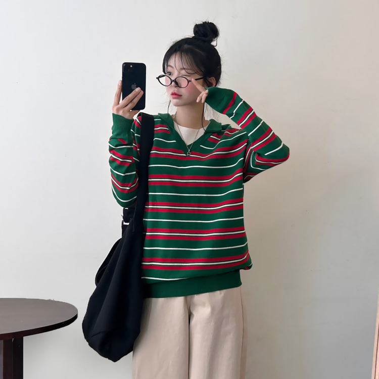 ストライプルーズフィットニット GREEN
