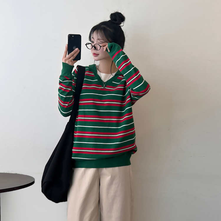 ストライプルーズフィットニット GREEN