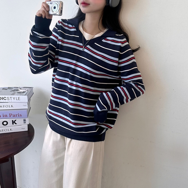 ストライプルーズフィットニット NAVY