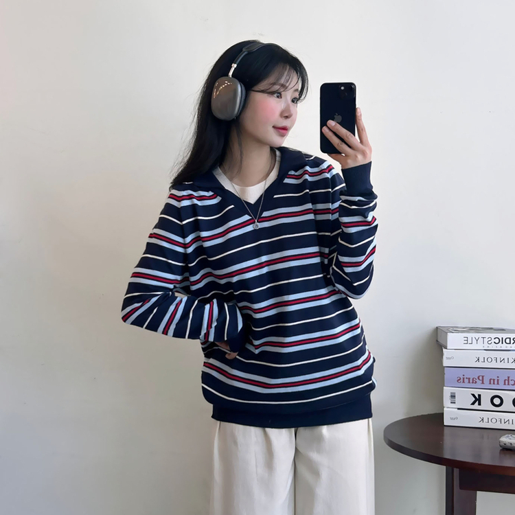 ストライプルーズフィットニット NAVY