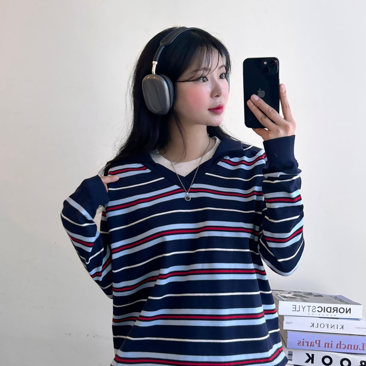 ストライプルーズフィットニット NAVY