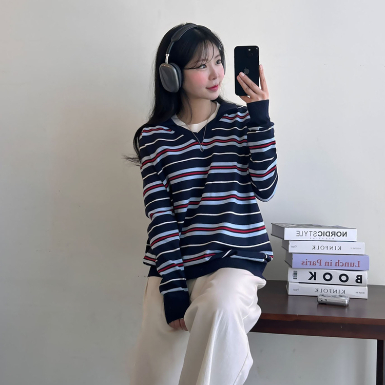 ストライプルーズフィットニット NAVY