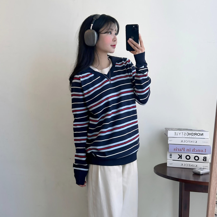 ストライプルーズフィットニット NAVY