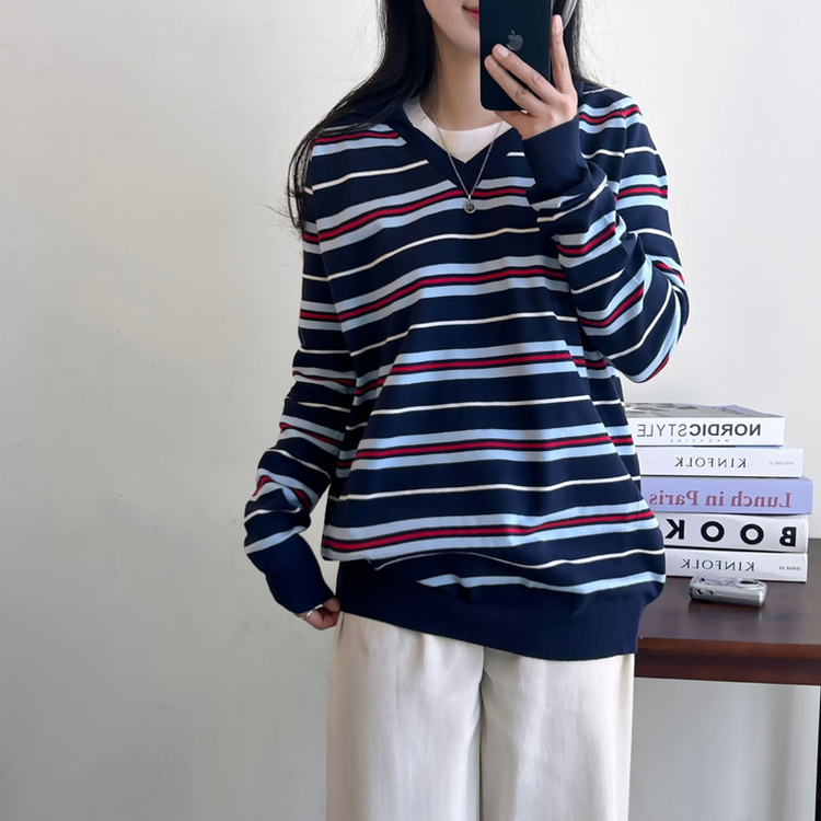 ストライプルーズフィットニット NAVY