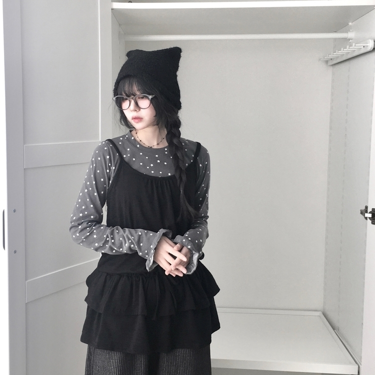 リボンフリルキャミソールミニワンピース BLACK