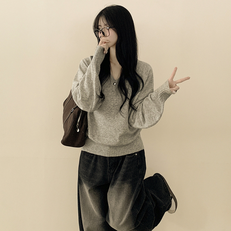 Vネックルーズフィットニット(7color) GREY