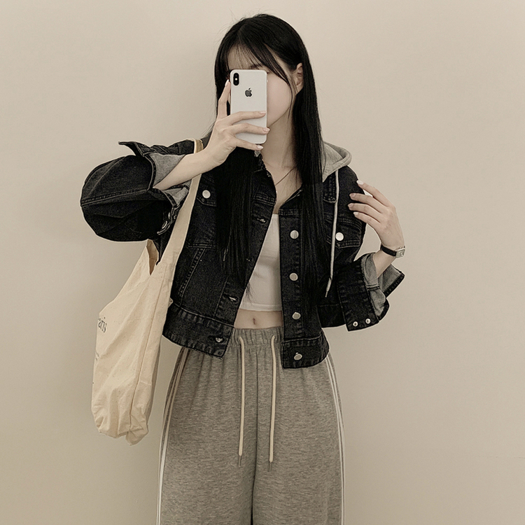 クロップドフードデニムジャケット BLACK