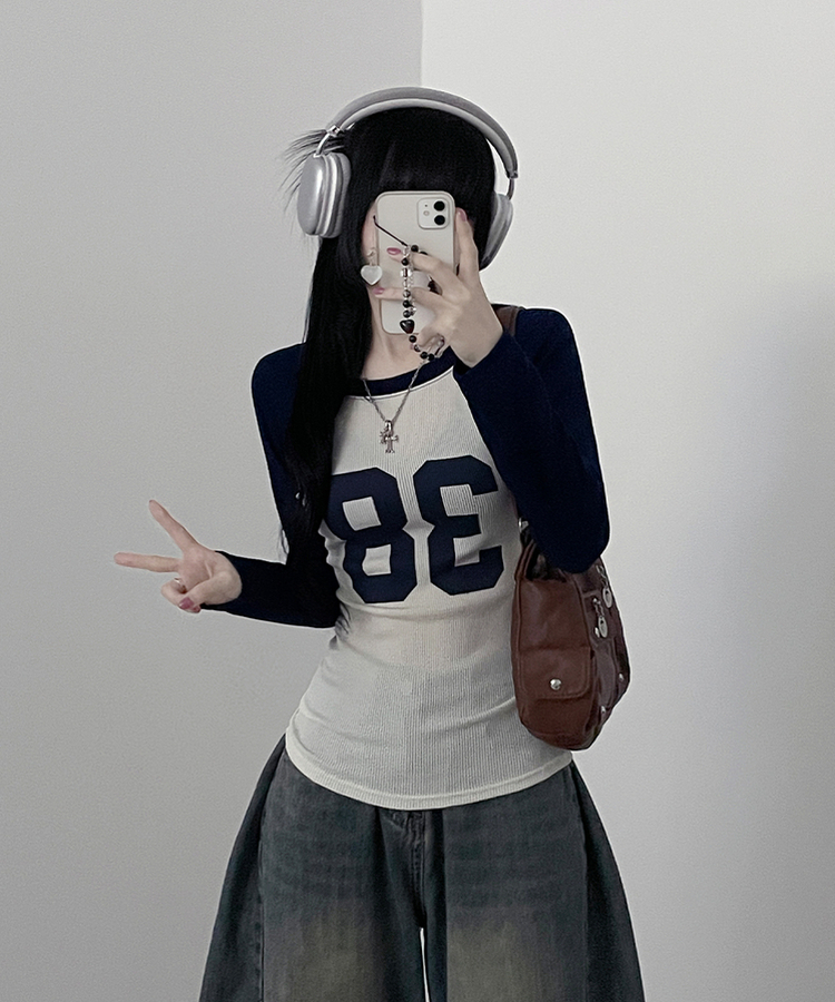 レタリングスリム長袖Tシャツ DARK BLUE