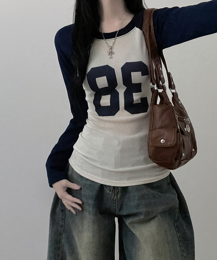 レタリングスリム長袖Tシャツ DARK BLUE