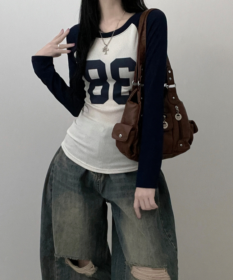 レタリングスリム長袖Tシャツ DARK BLUE