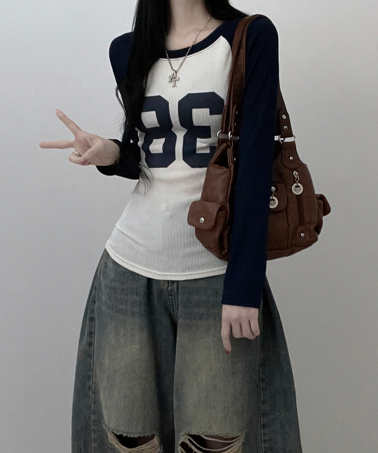 レタリングスリム長袖Tシャツ DARK BLUE