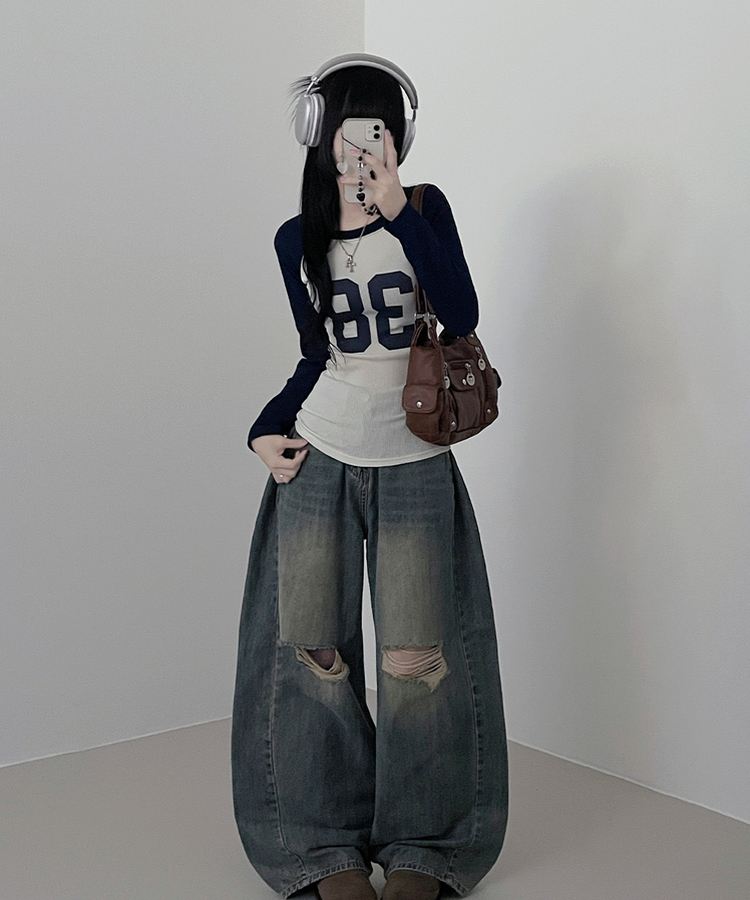 レタリングスリム長袖Tシャツ DARK BLUE