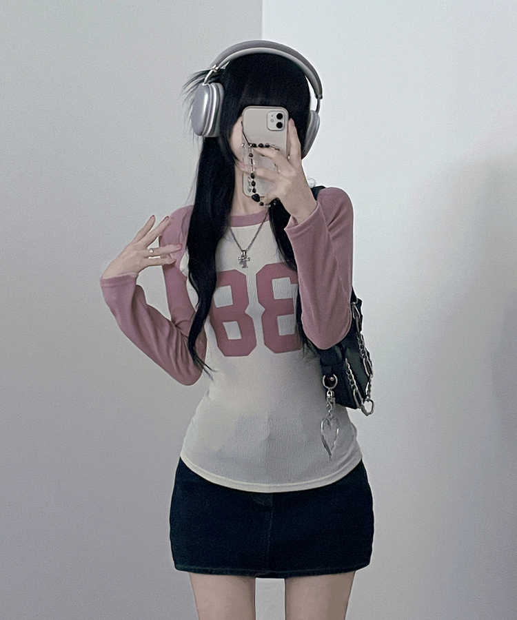 レタリングスリム長袖Tシャツ PINK