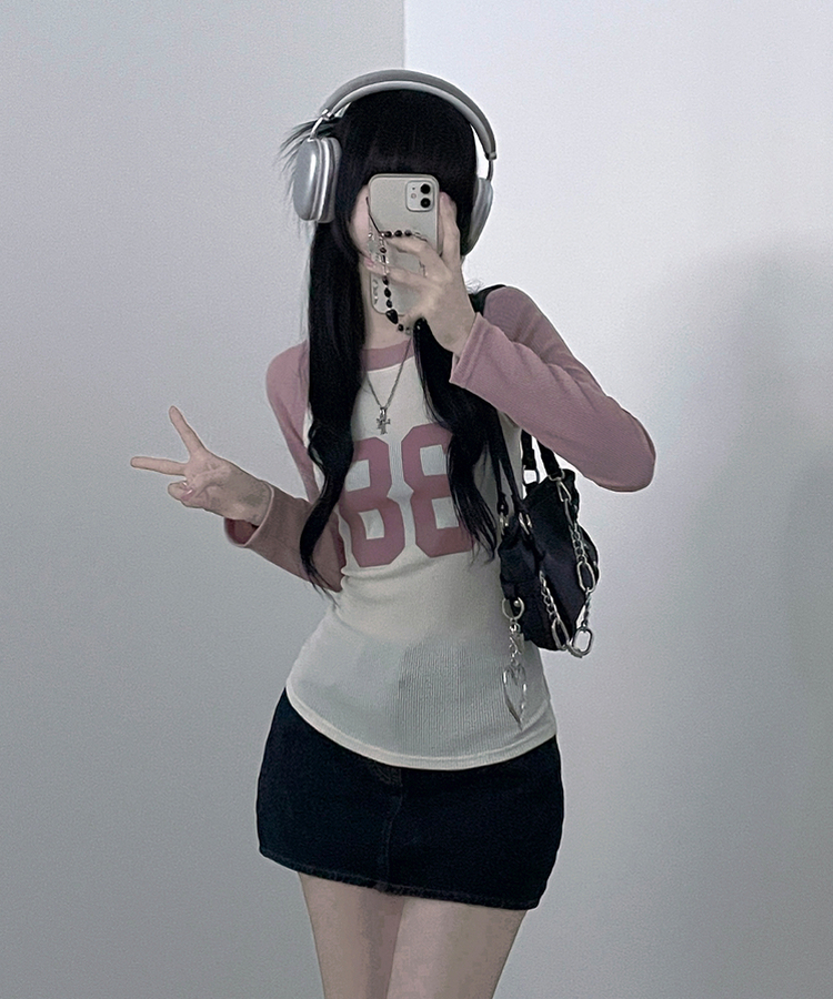 レタリングスリム長袖Tシャツ PINK
