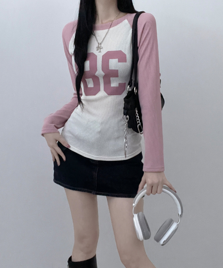 レタリングスリム長袖Tシャツ PINK