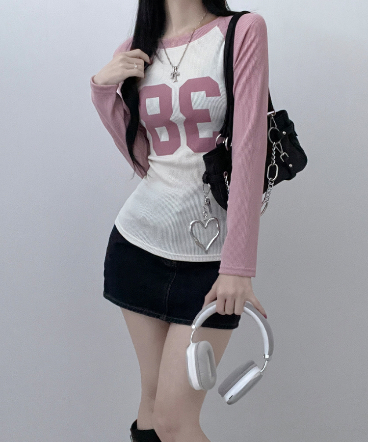 レタリングスリム長袖Tシャツ PINK