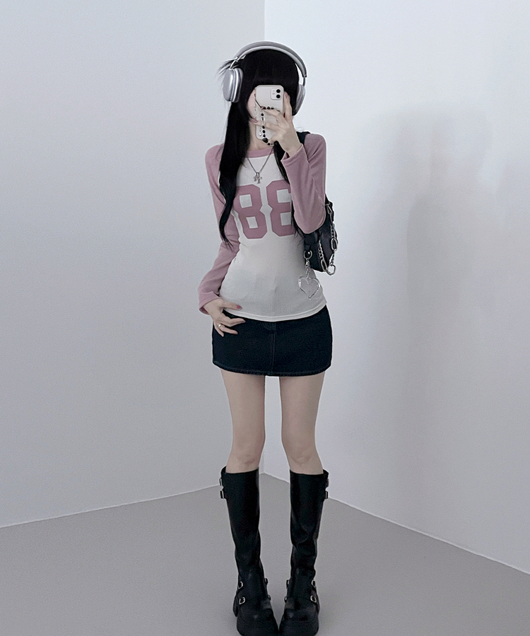 レタリングスリム長袖Tシャツ PINK