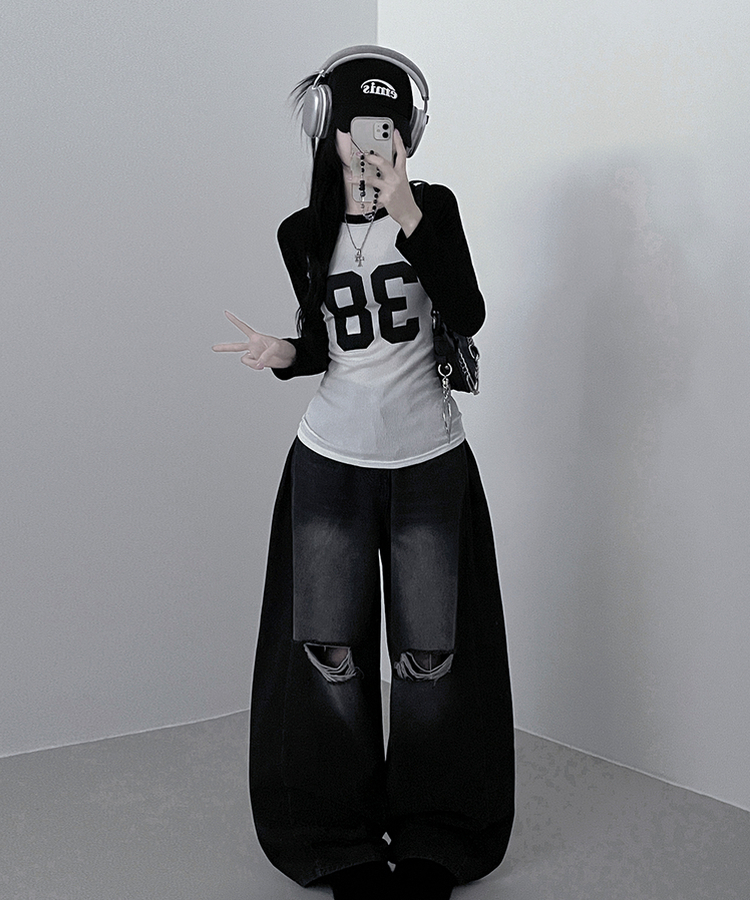 レタリングスリム長袖Tシャツ BLACK