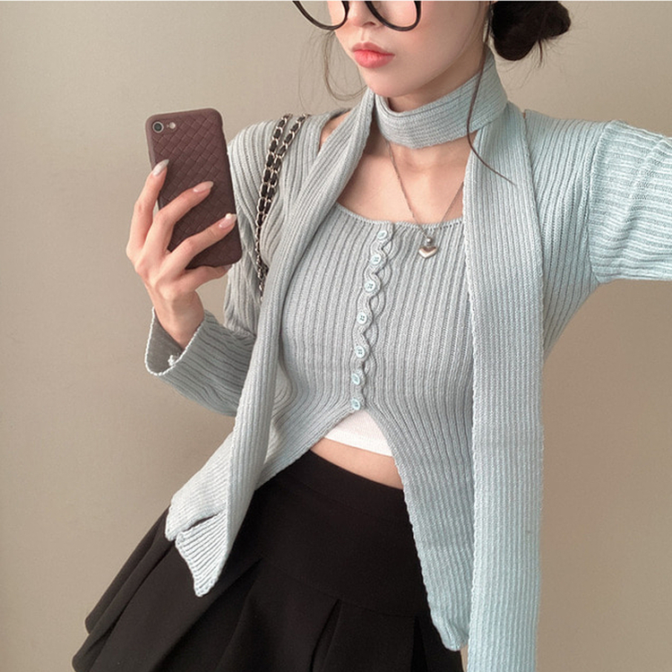 【マフラー付き】ボタンスリットニット(5color) MINTSORA