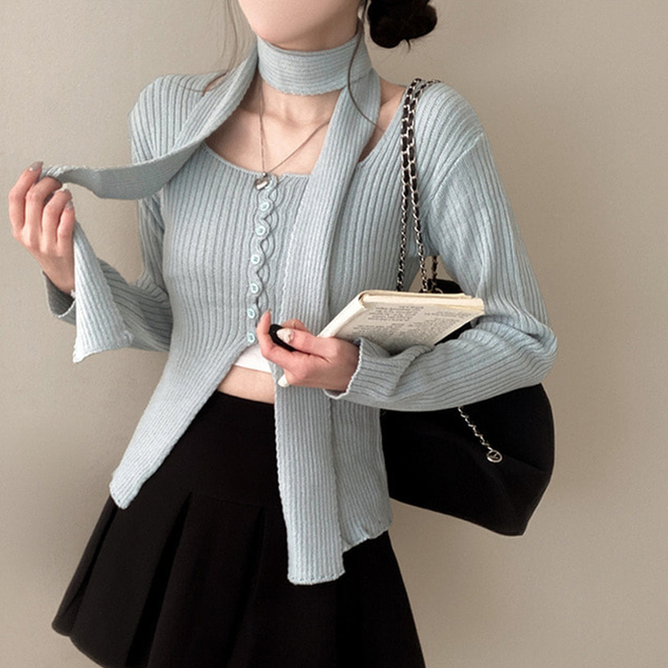 【マフラー付き】ボタンスリットニット(5color) MINTSORA