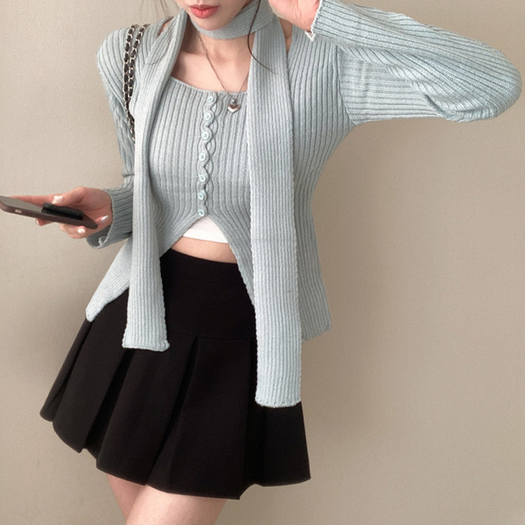 【マフラー付き】ボタンスリットニット(5color) MINTSORA