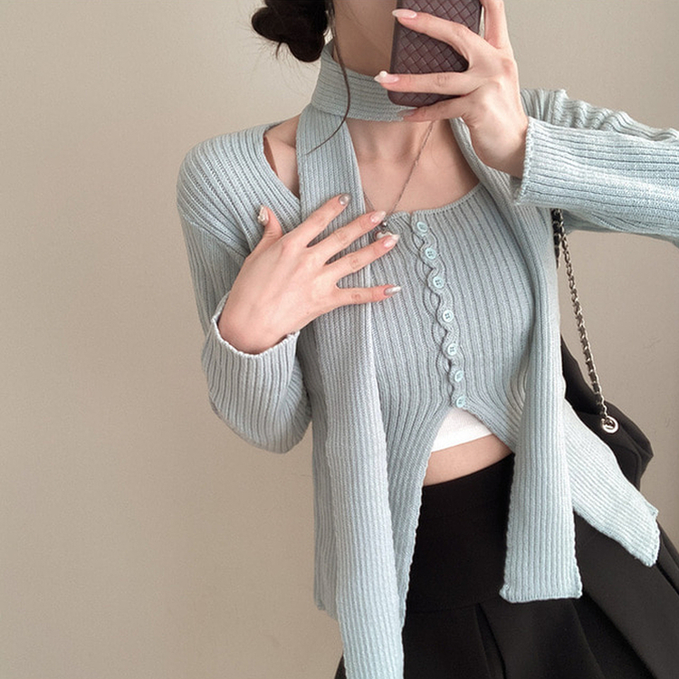 【マフラー付き】ボタンスリットニット(5color) MINTSORA