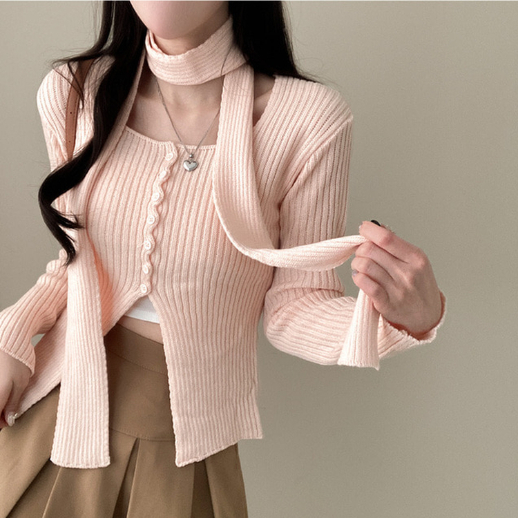 【マフラー付き】ボタンスリットニット(5color) PINK