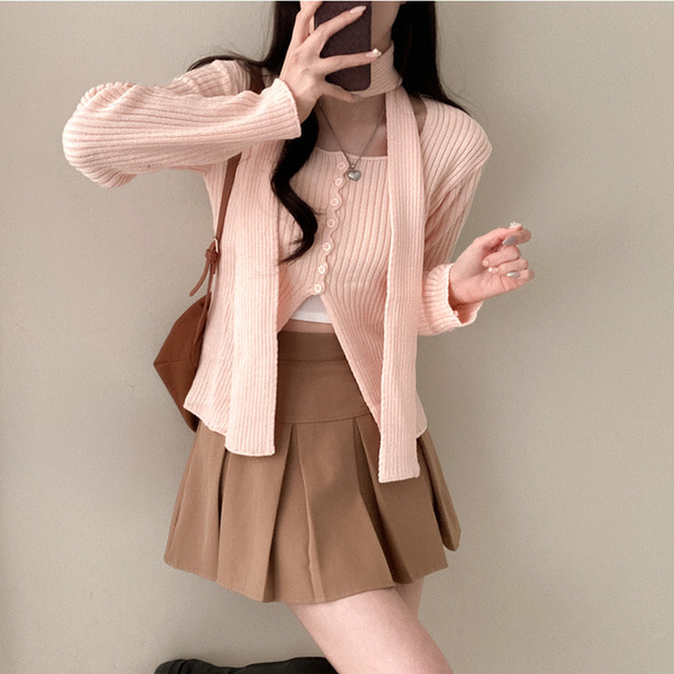 【マフラー付き】ボタンスリットニット(5color) PINK